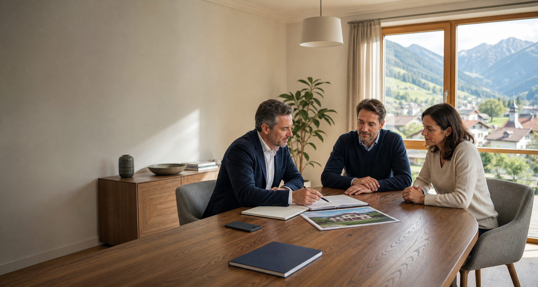 Beratungsgespräch mit Unterlagen zu Wohnung und Zukunftsplanung.